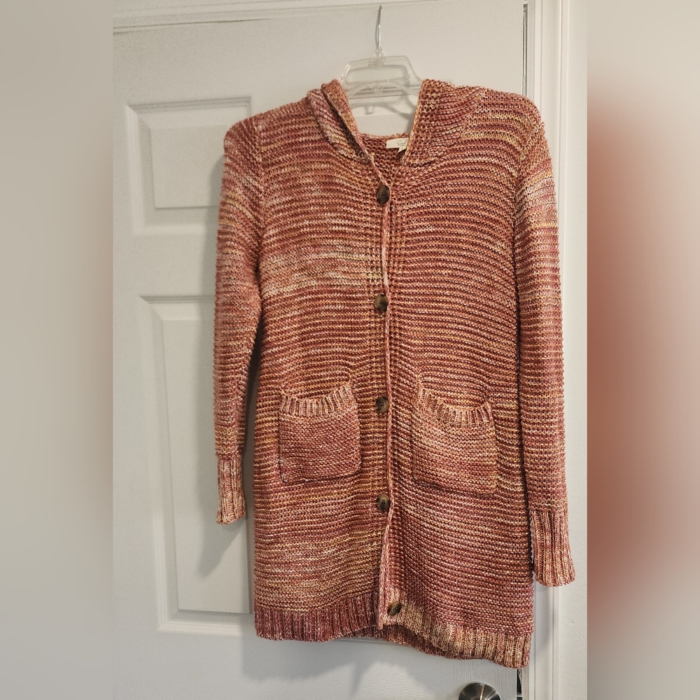 Women's Hooded Knit Sweater - Reddish and Cream